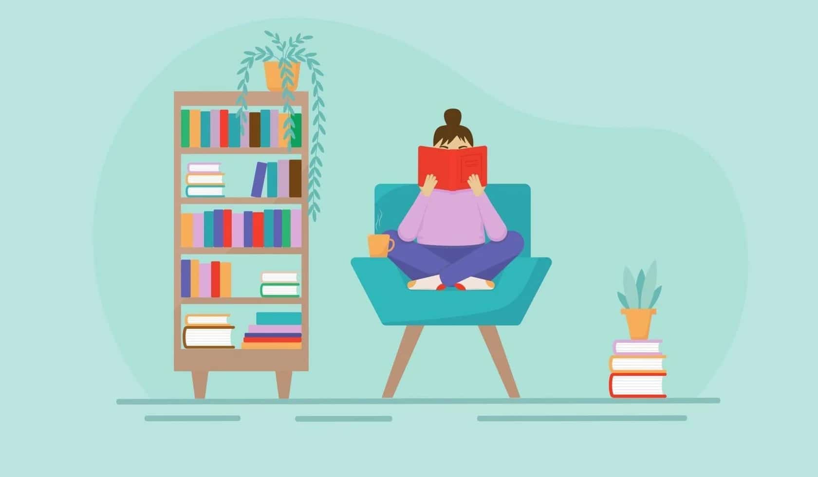 flat-illustration-of-a-girl-reading-a-book-in-a-chair-interior-of-a-room-or-home-library-free-vector