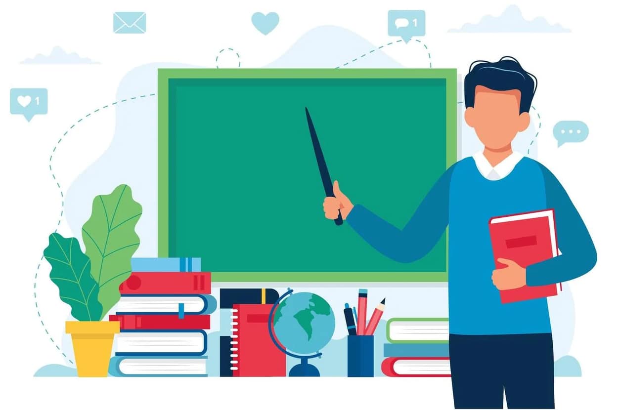 teacher-with-books-and-chalkboard-video-lesson-vector